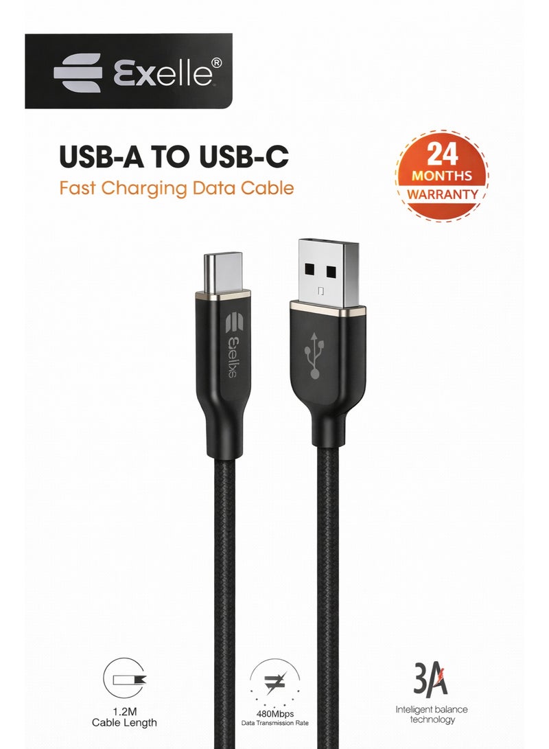 كابل بيانات وشحن سريع من نوع USB-A إلى USB-C من Exelle، بقوة 3 أمبير، وطول 1.2 متر، مصنوع من كابل مضفر متين، بسرعة نقل بيانات عالية تصل إلى 480 ميجابت في الثانية، كابل شحن من النوع C للهواتف والأجهزة اللوحية وبطاريات الشحن المحمولة التي تعمل بنظام Android (ضمان لمدة 24 شهرًا). - Image 2